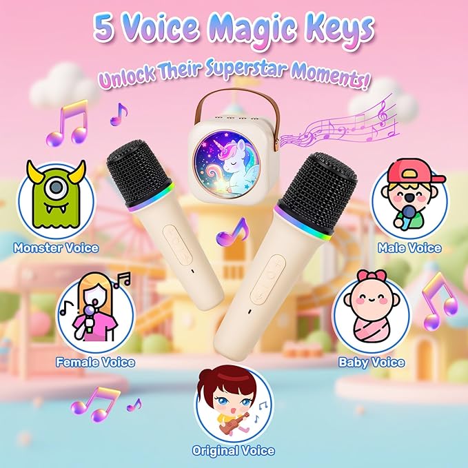 Mini Karaoke Machine with 2 Wireless Microphones, Portable Bluetooth Speaker for Kids & Adults, Ideal Birthday for Girls Boys Ages 3-12, Home Party Travel Entertainment Toy (White)