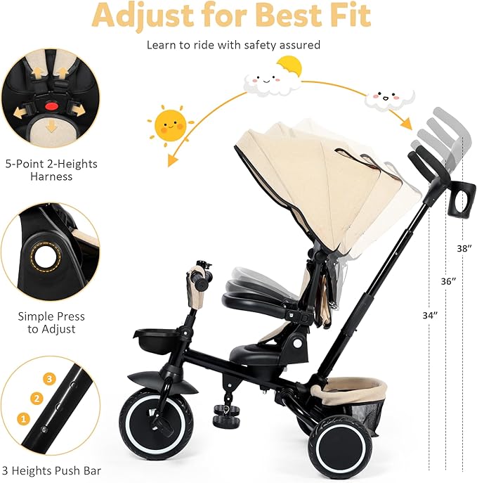 Folding Kids Tricycle, 8 in 1 Toddler Trike W/Removable & Adjustable Canopy, Parent Handle, 5-Piont Harness, Toddler Bike Tricycle for Kids 1-6 Years, EVA Wheels, Storage Basket, Khaki