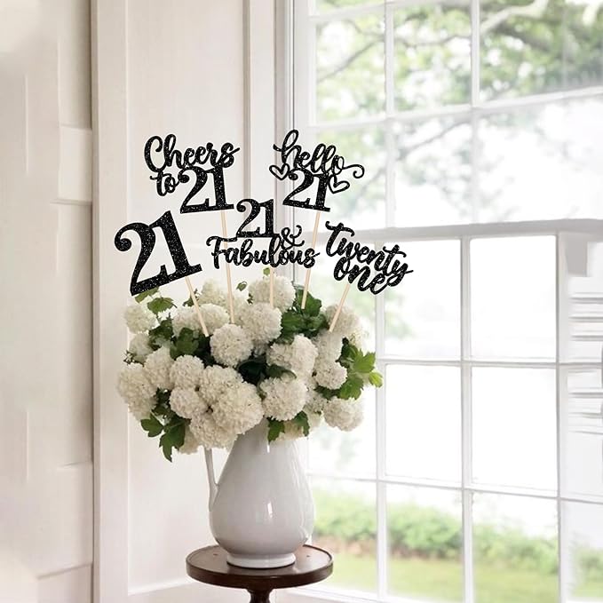 15PCS Happy 21st Birthday Centerpiece Sticks Hello 21 Cheers to 21 Birthday Table Flower Centerpieces Sticks Twenty One 21 Floral Decorations for Happy 21st Birthday Party Centerpieces Supplies Black