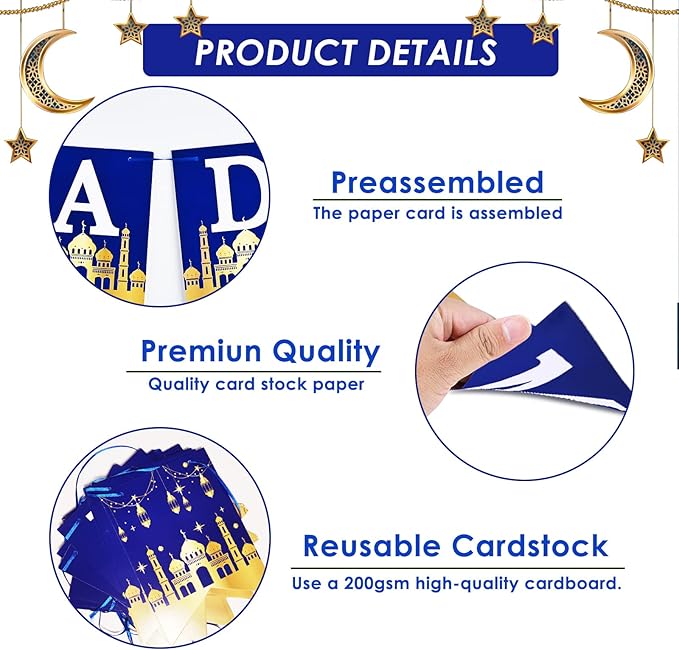 AhfuLife Ramadan Mubarak Banner Decorations for Home, 3 Pcs Pre-Tied Ramadan Mubarak Bunting Banners for Muslim Party Decor, Moon Star Lanterns Garland Islamic Party Supplies