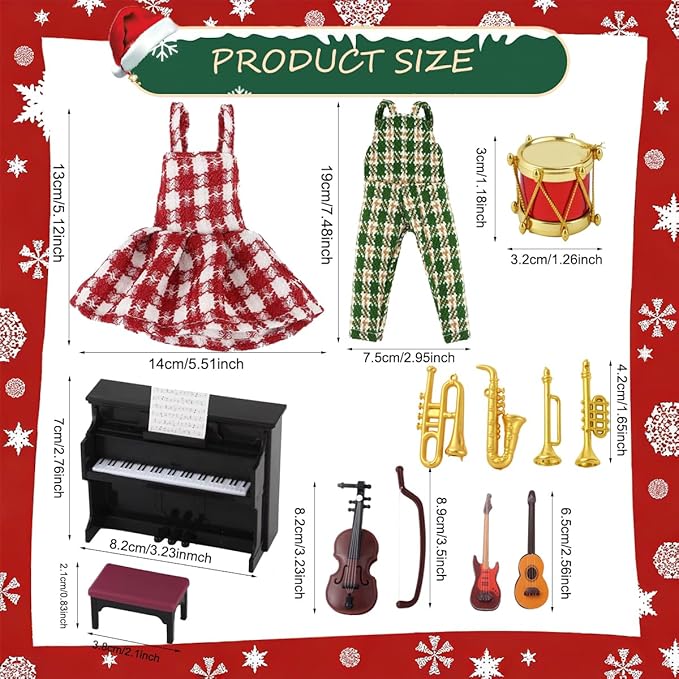 Christmas Elf Doll Accessories Set - 14Pcs Elf Doll Music Accessories Include Formal Dress,Piano and Guitar Instrument Set for Elf Dollhouse,Xmas Elf Clothes and Toy Accessories