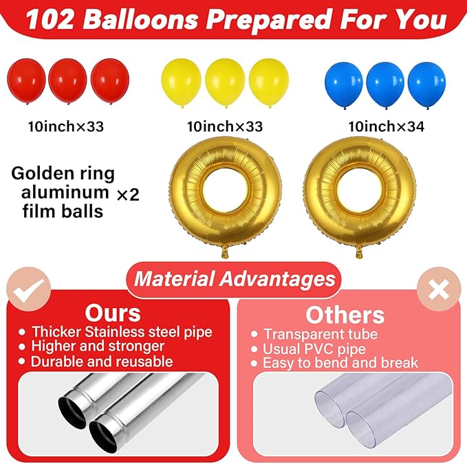 2 Sets Cartoon Hedgehog Balloon Column Stand Kit with 102 Balloons Golden Ring 5.57ft Adjustable Balloon Tower Stand with Golden Ring Balloons Arch Column for Hedgehog Theme Birthday Party Supplies