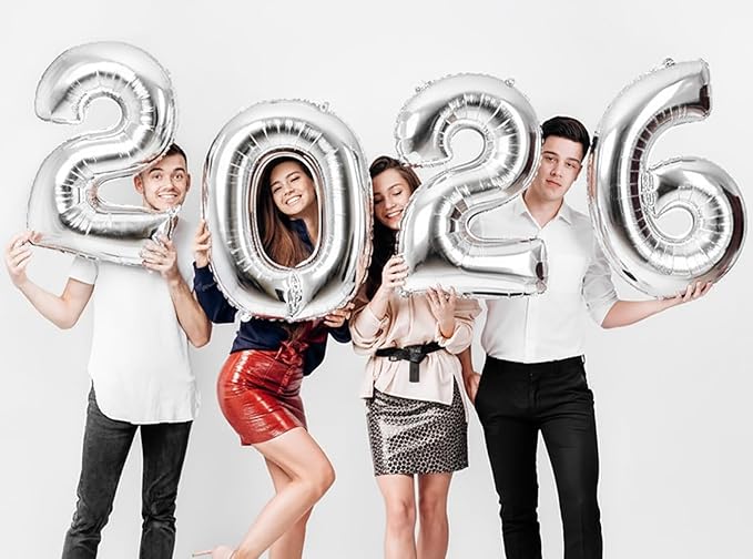 KALOR 42 Inch 2026 Silver Foil Mylar Number Balloons, 2026 New Years Decorations for 2026 Happy New Year Eve and Graduations Party Supplies