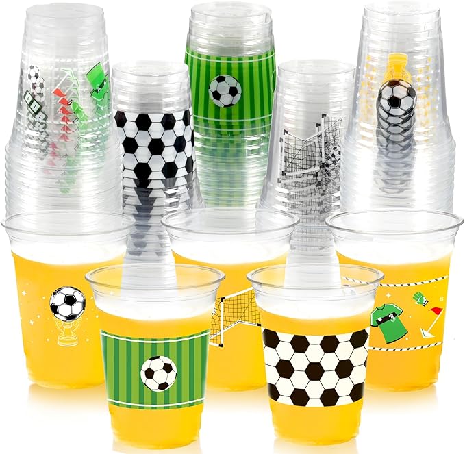 100Pcs Soccer Party Decorations Cups, 12 OZ Disposable Plastic Drinking Cups for Sports Themed Tailgate Events Game Day Football Soccer Birthday Party Decor Supplies Favors