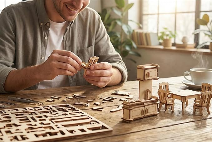 BOHS 34-Piece Dollhouse Furniture Set -1/24 Scale, Laser Cut Wooden 3D Puzzles - Miniature Doll House DIY Models and Accessories