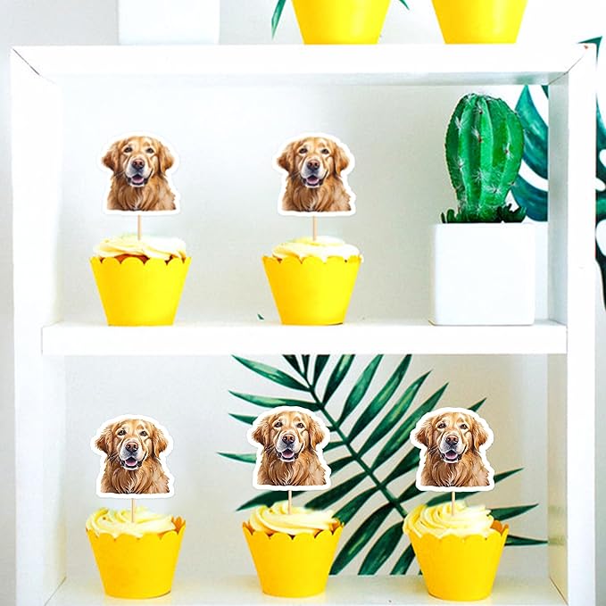 Ercadio 24 Pcs Pet Dog Puppy Cupcake Toppers Dog Themed Birthday Party Supplies Cute Golden Retriever Puppy Birthday Party Baby Shower Party Cake Decorations