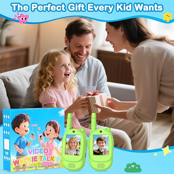 Video Walkie Talkies for Kids, 2 Pack Rechargeable Real-Time Video Chat & Voice Changer Walkies Talkies with Watch Straps, Long Range Family Games, Outside, Gifts for Boys Girls Ages 3-12 Green