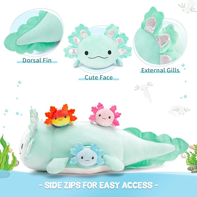 4Pcs Axolotl Plush, Large Salamander Stuffed Animal Mommy 24" with 3 Babies in Tummy, Plushie Pillow Gifts for Kids