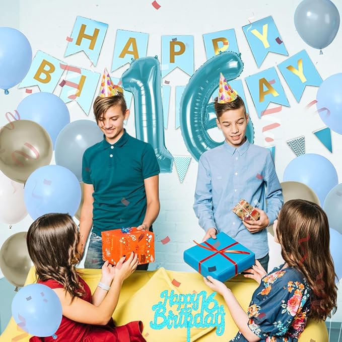 16th Birthday Decorations, Blue Happy Birthday Party Decorations With Teal Blue Number 16 Balloons Dusty Macaron Blue White Balloons Fringe Curtain Banner Cake Topper For Boy Girl Party Supplies
