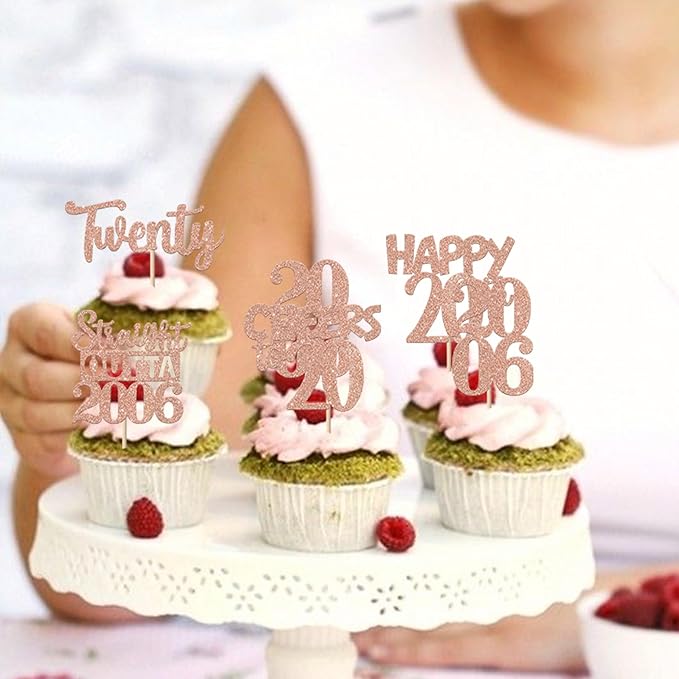 30PCS 20th Birthday Cupcake Toppers Glitter Twenty Happy 20th Straight Outta 2005 Cupcake Picks for Cheers to 20 Years Birthday Wedding Anniversary Party Cake Decorations Supplies Rose Gold