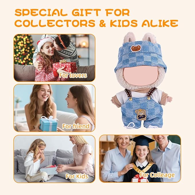 17cm Doll Clothes 5 Sets, Hat & Overalls Dress Up Outfit Compatible for Labubu 17cm 15cm Accessories, No Doll Included
