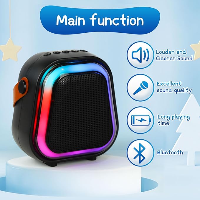 K269 Mini Karaoke Speaker with LED Lights, Portable Bluetooth Entertainment System with 2 Microphones, Dynamic Color-Changing Effects for Kids (Black+2 Mic)