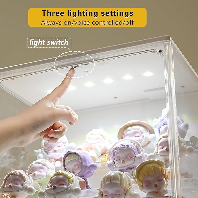 Acrylic Display Case with Lights, Clear Showcase with Detachable Shelf, Stackable Storage Bins for Collectibles, Action Figure, Popmart (L-1 Pack)