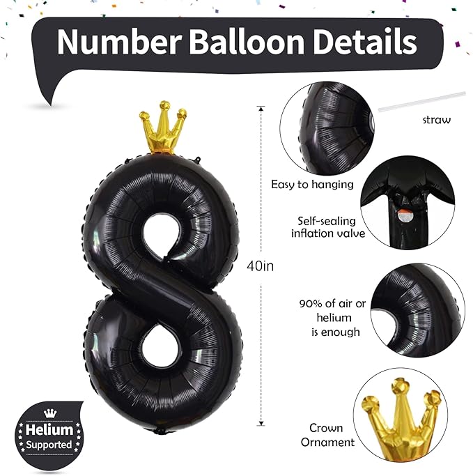 40 Inch Black Number Balloons, Big Crown Foil Number 8 Balloons for Kids 8th Birthday, Self Inflating Balloon Decorations 0-9 Set for Girls Boys Birthday Party Decoration Anniversary Party Supplies