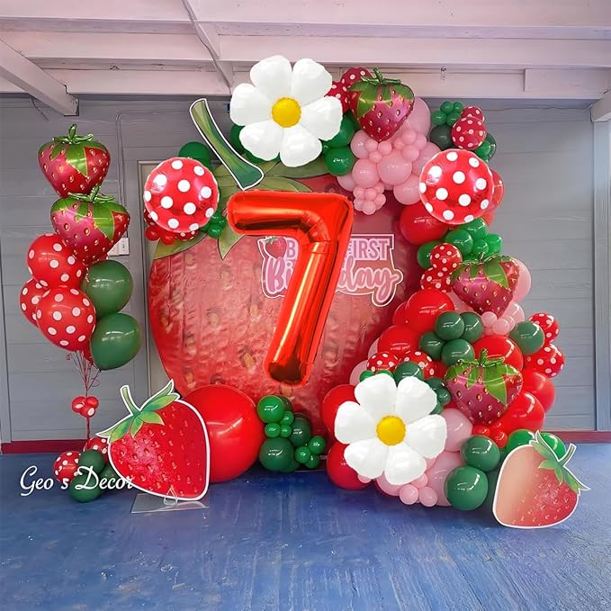 Strawberry Balloons Seventh Birthday Decorations for Girl, 40 Inch Mylar Red Number 7 Balloons, Strawberry Balloon for Strawberry Birthday Decorations, Strawberry Themed Party