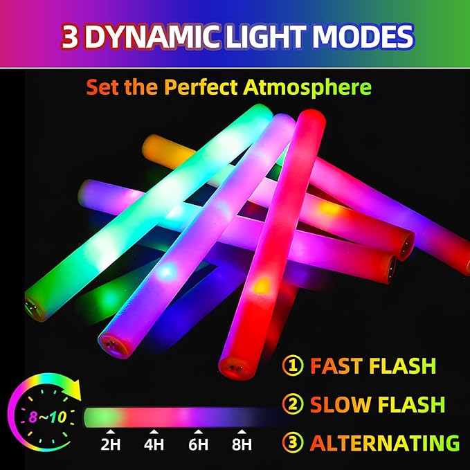 200+2 Pack Foam Glow Sticks Bulk Party Pack,Party Favors Supplies,3 Flashing Modes Glow In The Dark Party Supplies,Light Up Foam Sticks for Wendding Raves Camping Outdoor