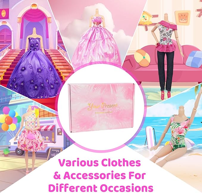 Ecore Fun 101 Pcs Doll Clothes and Accessories Set for 11.5 Inch Dolls - 5 Wedding Gowns 12 Fashion Dresses 2 Tops 2 Pants 2 Swimsuits 10 Shoes and Other Accessories Dress up Toys for Girls Kids