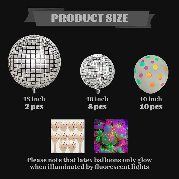 FBQ 20 Pcs Ball Balloons Different Sizes Disco and UV Neon Balloons 70s 80s 90s Themed Graduation Party Blacklight Neon Party Baby Shower Decoration Supplies