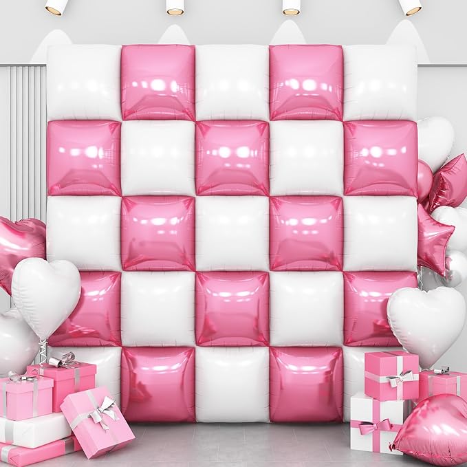 Pink White Square Foil Balloon Wall,25Pcs Double Sided Foil Balloons Backdrop Helium Polyester Tunnel Arch Garland Kit for Birthday Bridal Anniversary Baby Shower Party Decorations