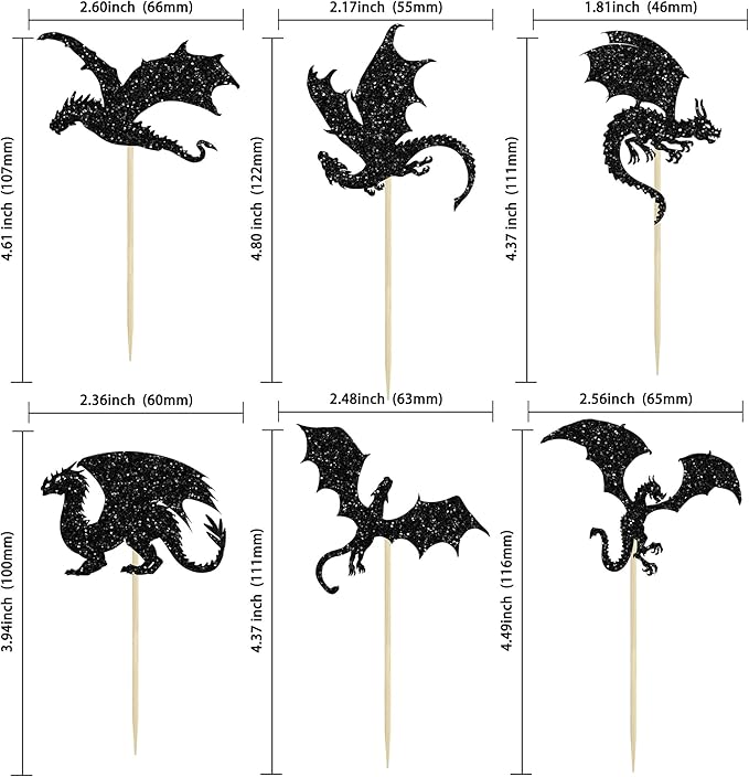 24Pcs Dragon Cupcake Toppers Glitter Dinosaur Birthday Cupcake Picks for Flying Dragon Theme Baby Shower Kids Birthday Party Cake Decorations Supplies Black