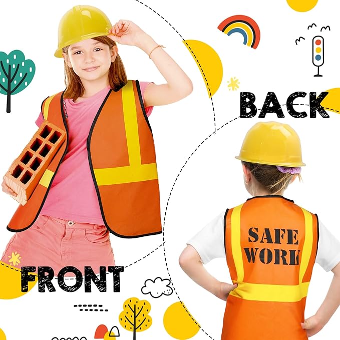 Hillban 72 Pcs Kids Construction Worker Costume, Construction Vests Set for Kids Including 24 Vests 24 Hats and 24 Tote Bags Theme Birthday Party Supplies for Birthday Party Costume Favor