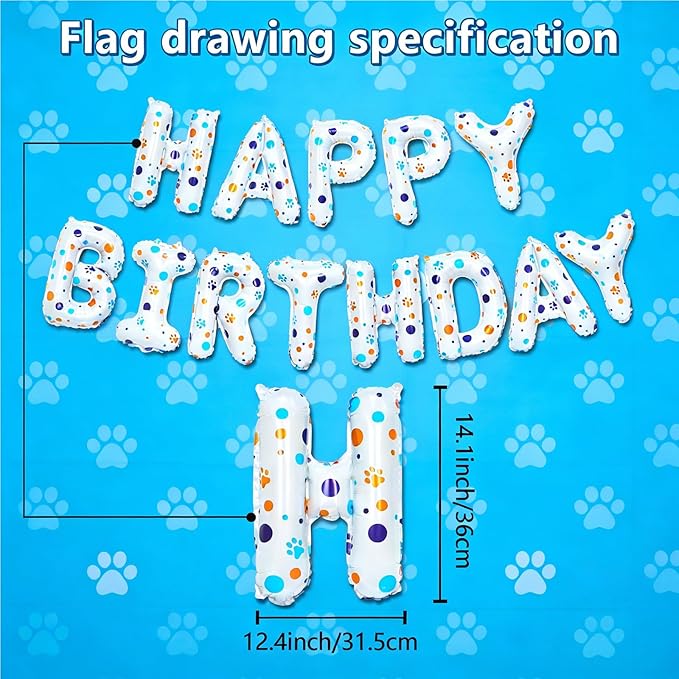YIIHMEI Cartoon Dog Paw Print White Happy Birthday Banner Party Decorations Balloons with Blue Orange Wave Point Style Letters Signs Party Supplies for Kid's