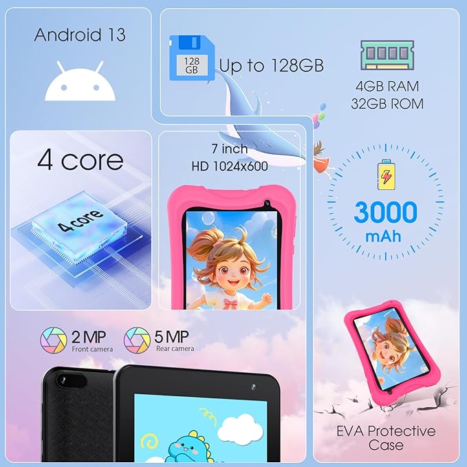 DigiLand 7 inch Kids Tablet, Quad-core CPU, 4GB+32GB+TF Expand,Dual Camera 2MP+5MP,Safety Eye Protection,Education,Tablet for Toddle with WiFi,Games,Parental Control APP,with Proof Case(Pink)