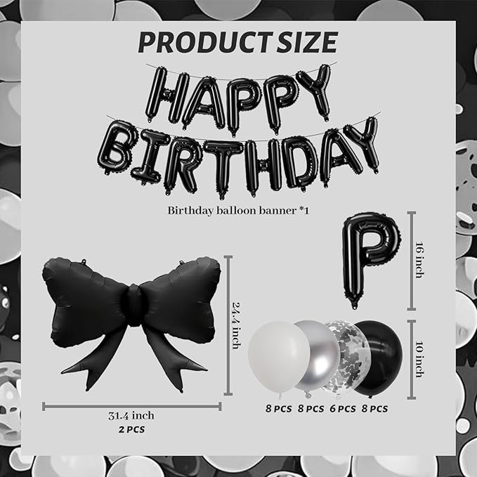 ZHENGYE Black Bow Birthday Party Decorations Happy Birthday Banner Aluminum Foil Letters Balloons Bow Balloon Latex balloons Bow Themed Birthday Party Decorations Supplies