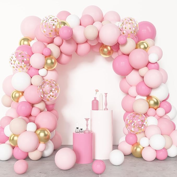 Amandir 144Pcs Pink Balloons Garland Arch Kit Light Pink Gold White Confetti Latex Metallic Balloons for Valentines Day Girl Birthday Baby Shower Wedding Graduation Party Decorations Supplies