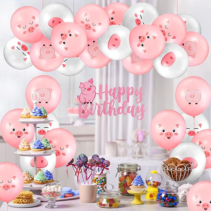 50 Pcs Pig Farm Animal Balloons 12 Inch Pig Print Latex Piggy Pink Birthday Party Decorations Cute Kids Balloons for Farmhouse Pink Farm Themed Birthday Baby Shower Party Supplies