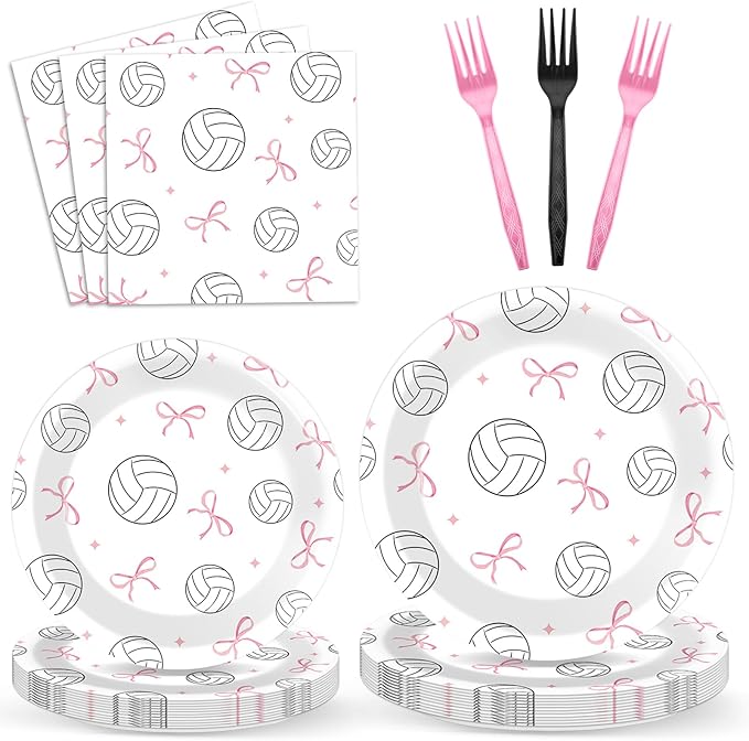 96PCS Volleyball and Bow Party Paper Plates and Napkins for Sports Themed Party Dessert Cake Plates Disposable Decor Pink Bow Volleyball Parties Set for Boys Girls Birthday Gatherings Decorations