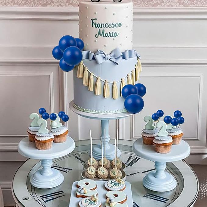 Gyufise 30Pcs Ball Cake Toppers Balls Cupcake Toppers Foam Ball Shaped Cake Picks DIY Balloons Cake Insert Topper for Wedding Enagement Baby Shower Birthday Party Cake Decorations Supplies Royal Blue