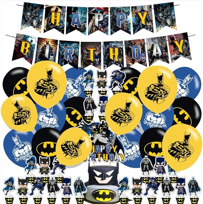 𝗕𝗮𝘁𝗺𝗮𝗻 Party Decorations,Birthday Supplies For 𝗕𝗮𝘁𝗺𝗮𝗻 Includes Banner Cake Topper 12 Cupcake Toppers 18 Balloons for Bat Hero Party Decorations