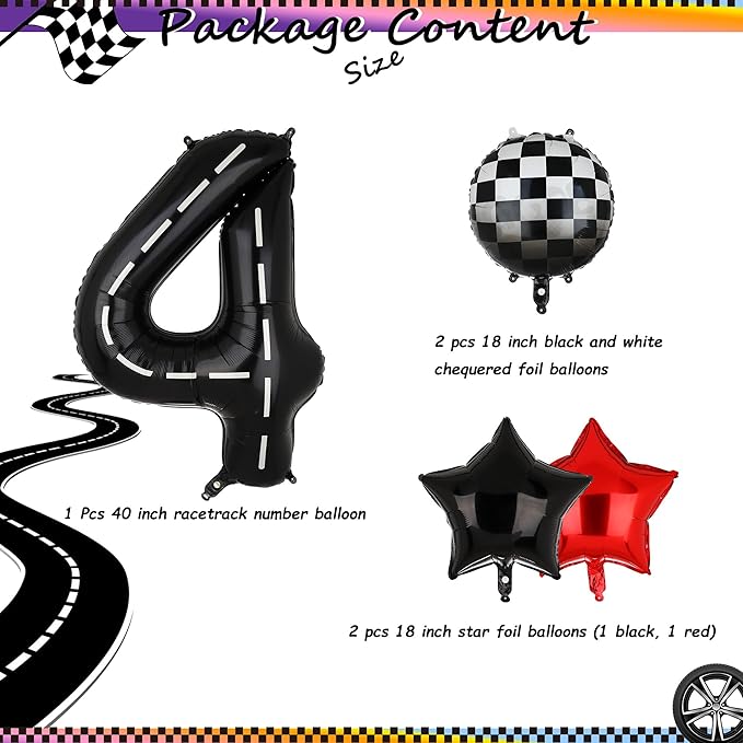 Race Car Birthday Balloons 40 Inch Racetrack Number Balloon 4 Black Boys 4st Birthday Race Car Theme Party Decor Supplies 5 Pcs