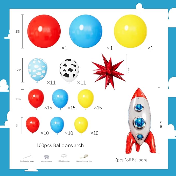 106Pcs Cowboy and Space Theme Birthday Decorations for Boys, Red Blue Yellow Balloon Garland Arch Kit with Cow Cloud Print Rocket Foil Balloons for Kids Cartoon Story Baby Shower Party Supplies