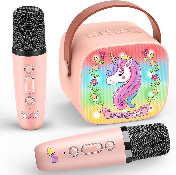 Unicorn Mini Karaoke Machine Toys: Kids Toys Girls Xmas Birthday Gifts Age 3-12+ Stocking Fillers LED Portable Bluetooth Speaker with 2 Wireless Microphone Gift Toy for 4 5 6 7 8 9 Years Old Girl Kid