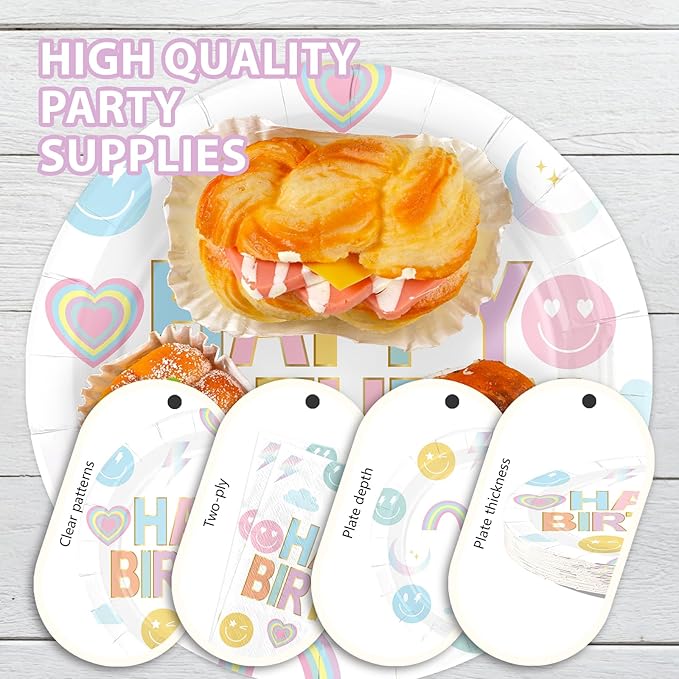 96Pcs Rainbow Birthday Party decorations Smile Face Rainbow Plates and Napkins Pastel Theme Disposable Paper Tableware Set for Colorful Kids Birthday Baby Shower Party Supplies Serves 24