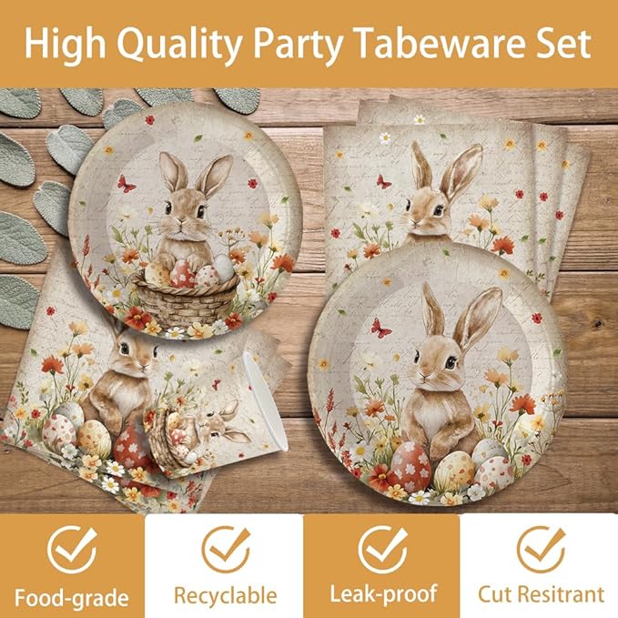 140Pcs Easter Day Party Supplies Vintage Rabbit Plates and Napkins Easter Party Decorations Tableware Set Bunny Easter Egg Paper Plates Birthday Tea Party Bunny Plates, Serves 20 Guests
