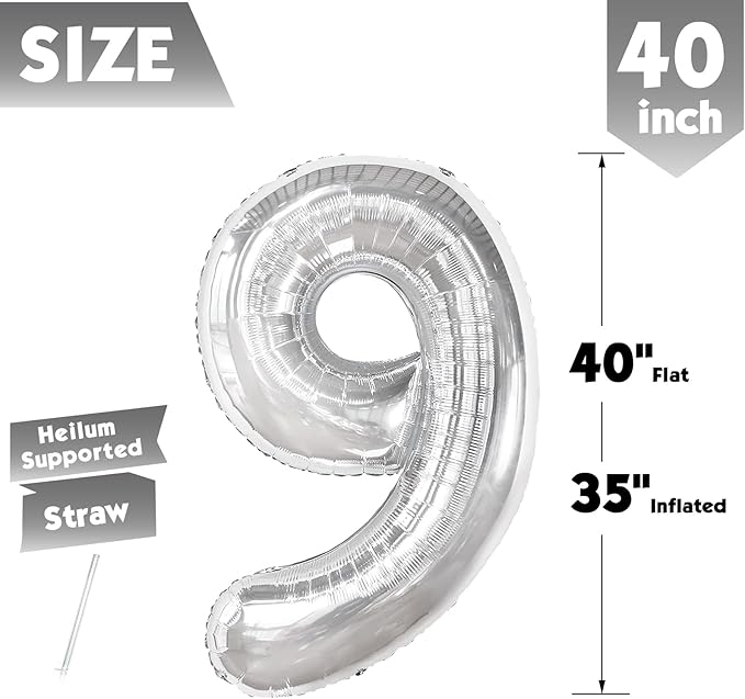 40 Inch Silver Number 9 Balloon, Giant 9 Number Balloons for 9th Birthday Decorations, Party Supplies for Baby Boy Girl, Silver Party Decor