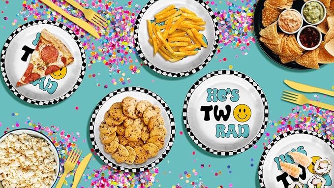 Two Rad Smiley Face Second Birthday - 32 Piece Disposable Party Supplies - Decorations for 2nd Birthday Round Party Plates - Large 9" Paper Plates In Bulk