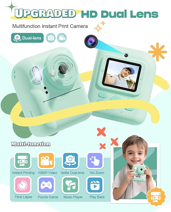 Seckton Kids Selfie Camera Christmas Birthday Gifts for Kids Age 3-10 Purple White & Kids Camera Instant Print Toddler Portable Travel Toy for 4 5 6 7 8 9 10 Year Old Boys Girls Green