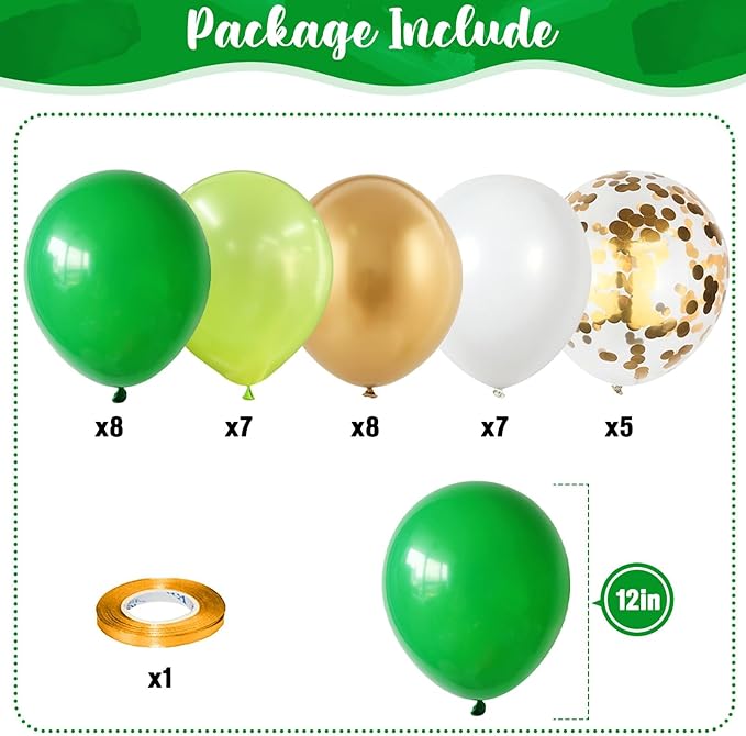 Green Gold Balloons Set, Dark Green Pearl Lime Green Metallic Gold White with Confetti Latex Balloons, Light Green Gold White Balloon for Jungle Dinosaur Birthday Baby Shower Wedding Party Decorations
