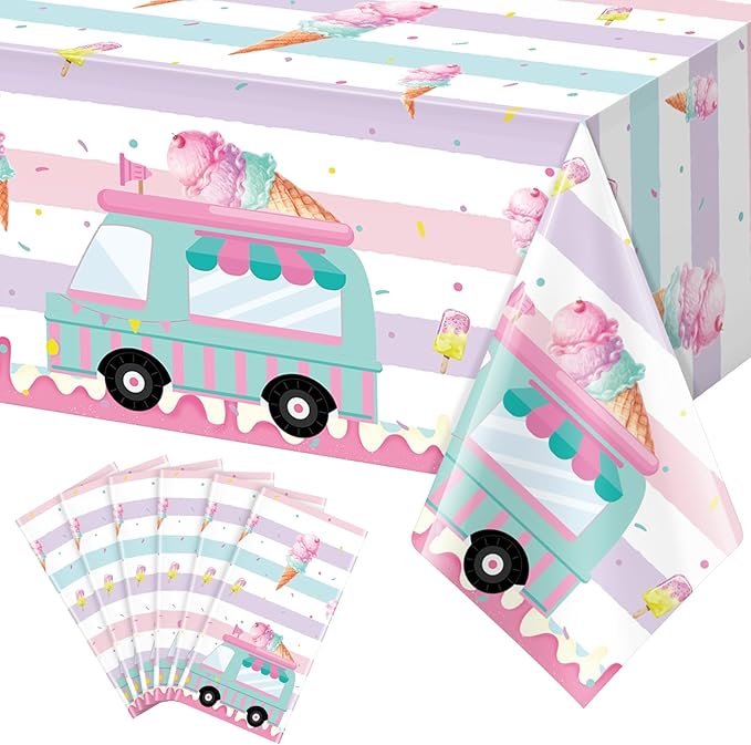 6 Pack Ice Cream Truck Tablecloth Party Decorations, Ice Cream Birthday Plastic Table Cloth Party Supplies, Disposable Rectangle Table Cover for Kids Sweet One Birthday Baby Shower, 54 x 108 Inch
