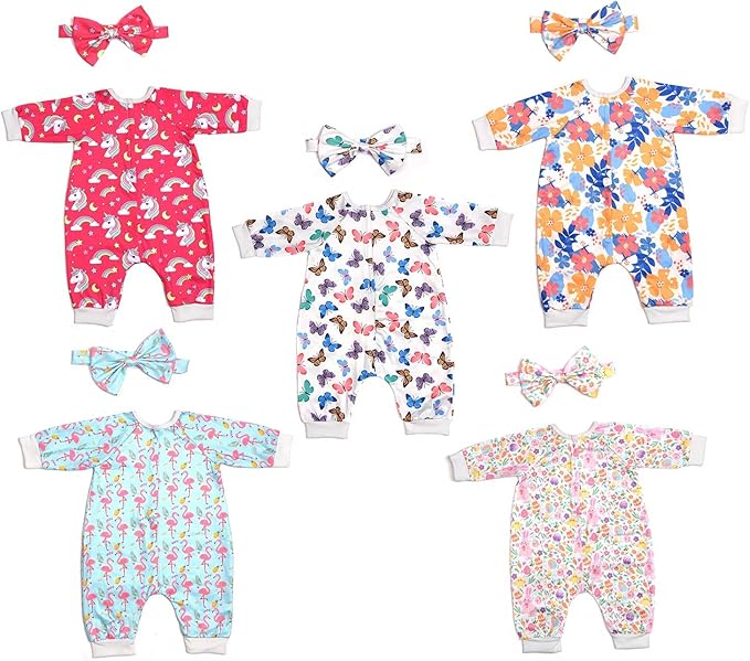 Reborn Baby Doll Clothes Accessories, 5 Set of Doll Clothing, Jumpsuit Bow Headband Outfits for 20 Inch to 22 Inch Dolls, 10 PCs in Total Doll Outfits and Accessories