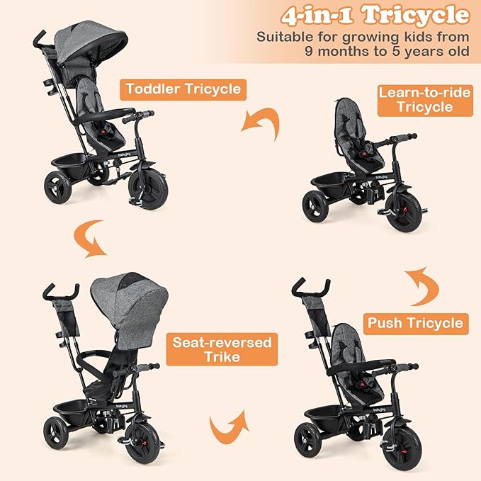 BABY JOY Tricycle, 4 in 1 Toddler Bike w/Removable Canopy, Adjustable Push Handle, Reversible Seat, Safety Belt, Folding Footrest & Storage Basket, Toddler Tricycle for Boys Girls 9-60 Months (Gray)