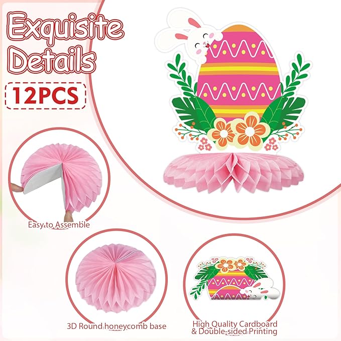 Tarklanda 12 Pcs Baby Shower Honeycomb Centerpieces 3D Easter Table Topper Honeycomb Decoration for Birthday Wedding Spring Party Supplies (Colorful Easter Bunny)