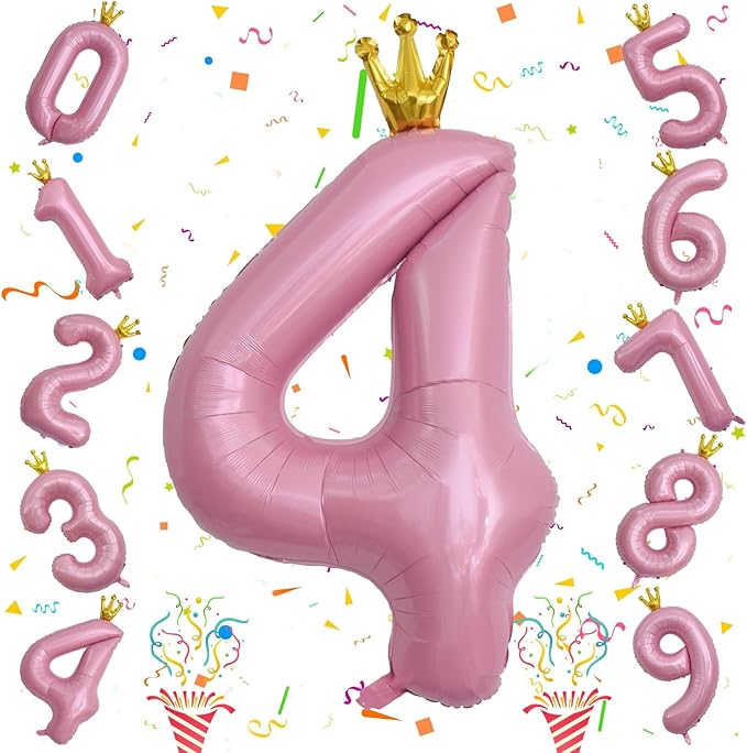 Crown Number Balloons 4 for Kids, Large Pastel Pink Number Balloon 0-9 Set, Foil Self Inflating 40 Inch Balloons for Girls 4th Birthday Party Decor Anniversary New Year Party Decoration Supplies