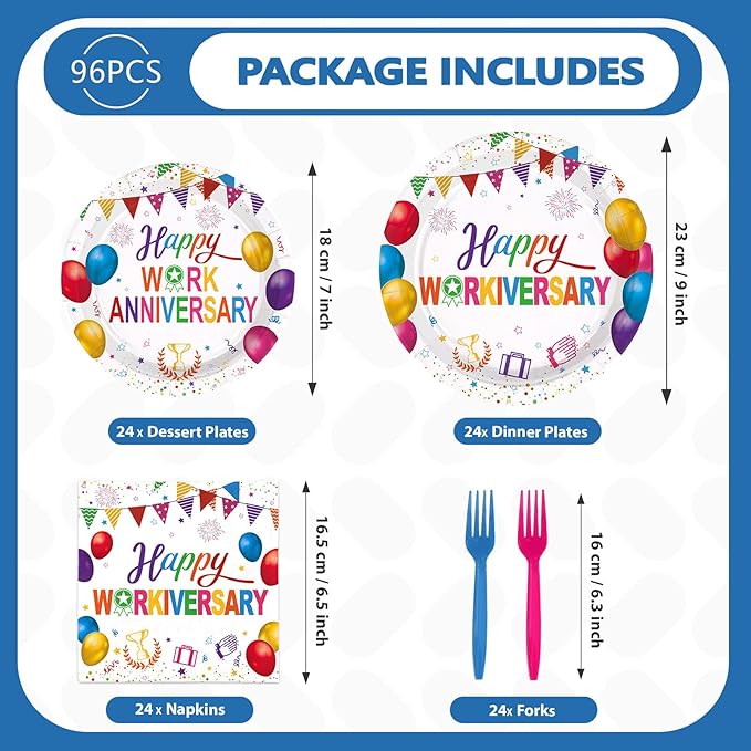 96Pcs Happy Work Anniversary Party Supplies Colorful Happy Workiversary Plates and Napkins Colorful Work Office Paper Tableware Set for Employee Worker Appreciation Party Supplies Serves 24