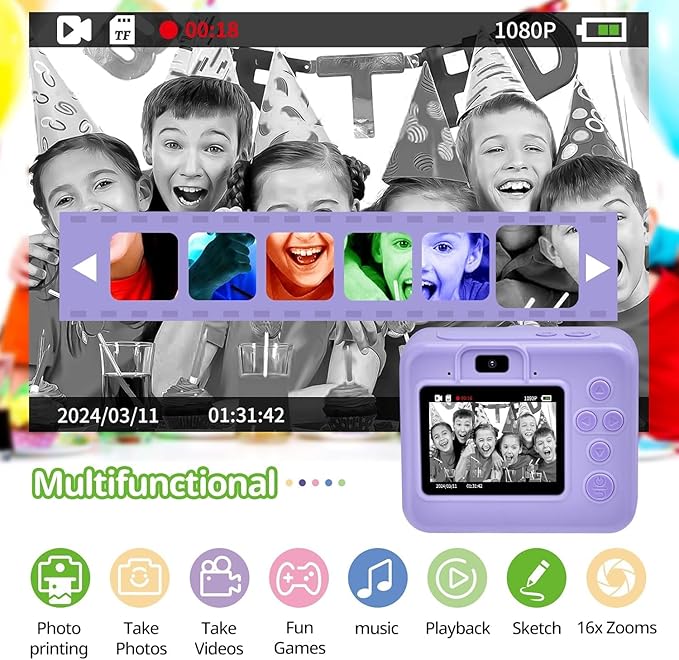 Kids Camera Instant Print, Christmas Birthday Gifts for Kids Age 3-12, Selfie Digital Camera with 1080P Videos,Toddler Portable Travel Camera Toy for 4 5 6 7 8 9 Year Old Boys (Purple)