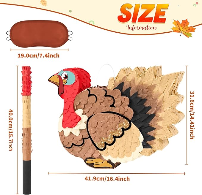 WERNNSAI Thanksgiving Turkey Piñata - Fall Autumn Decorations Wild Turkey Brown Piñata Thanksgiving Party Games for Family Fall Festival Decor Party Favors with Blindfold
